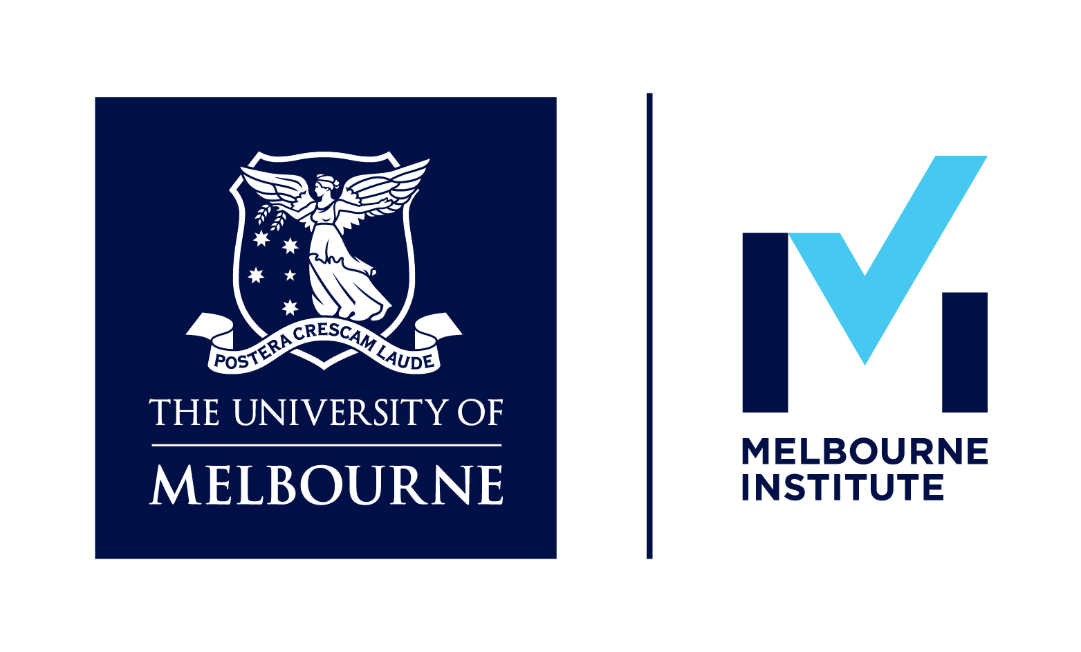 blue University of Melbourne Logo and Blue Melbourne Insitute logo with a M